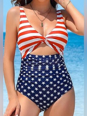 NEW Charmo American Flag USA Ruched Tummy Backless V Neck 1Pc Swimsuit Women’s L